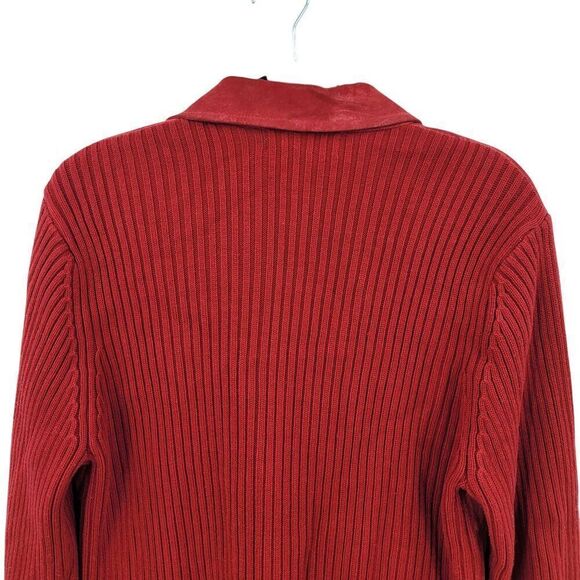 Vtg Red Ribbed Knit Long Sleeve Suede Sweater Jacket Shacket Sz L Cardigan Zip - Picture 9 of 11